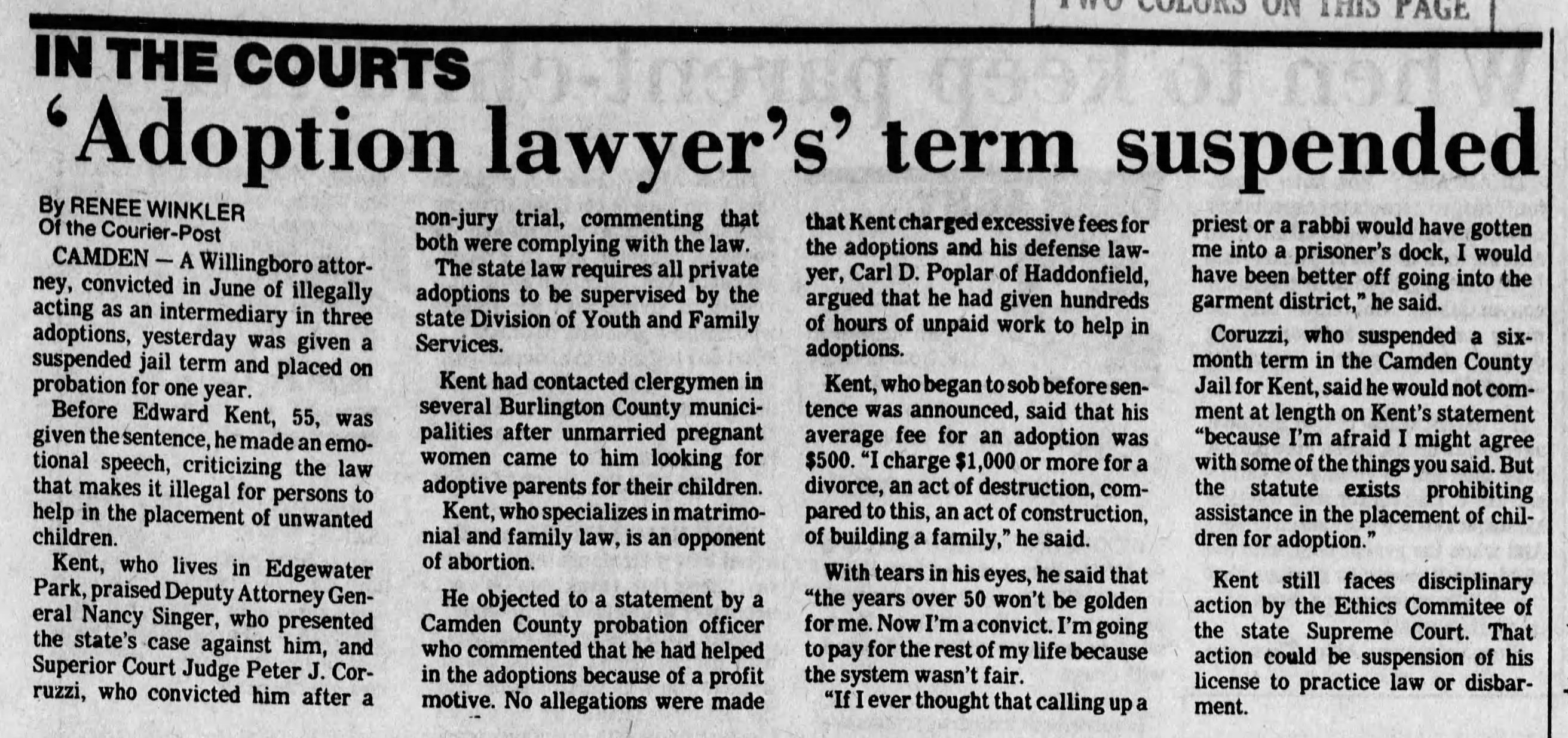 ‘Adoption Lawyer’s’ Term Suspended (Courier Post, 1981)